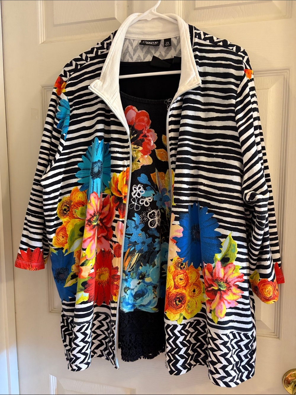 Black & White Striped Zip Jacket with Bold Floral Print and matching tee.